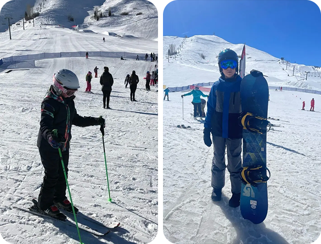 Two pictures of people on skis and snowboards.