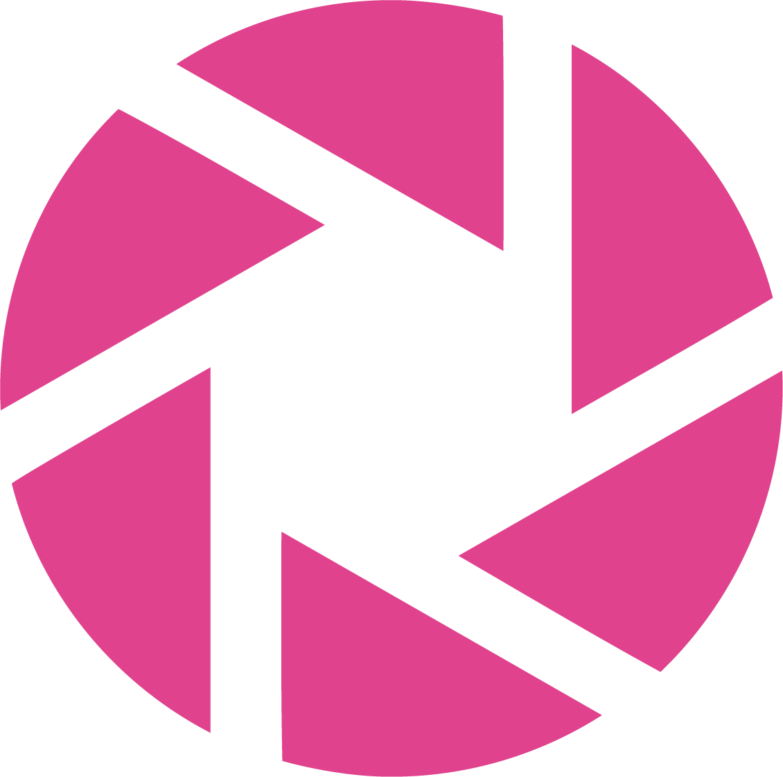 A pink and grey pixel art picture of an aperture.